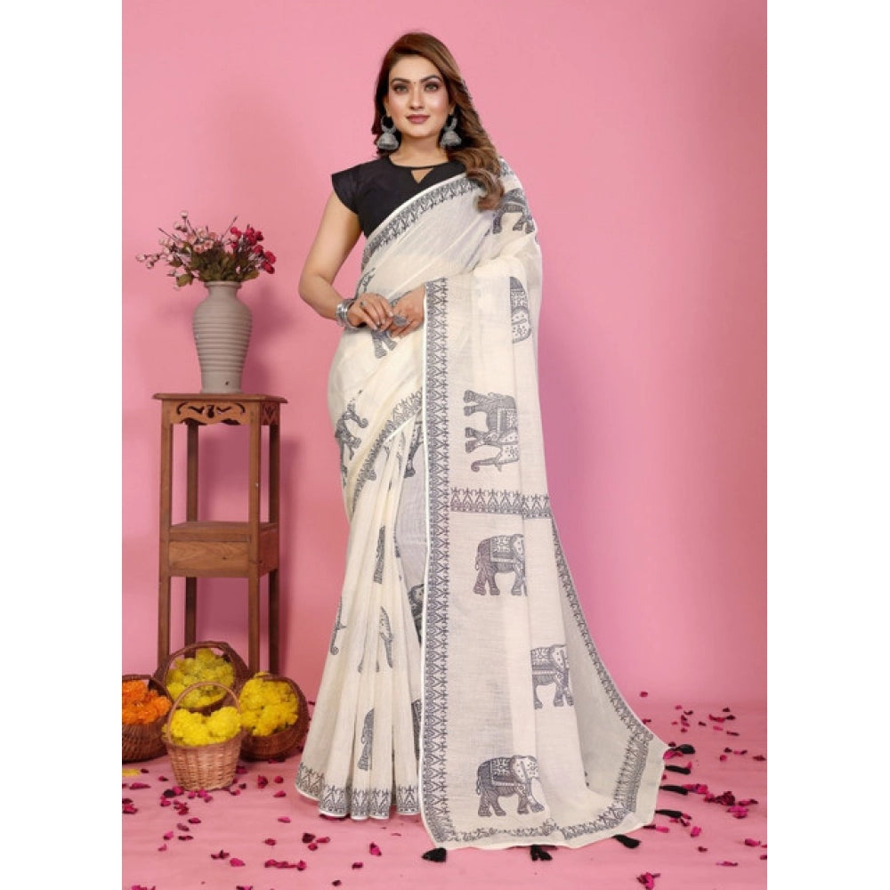 Amfyn Women's Linen Cotton Printed Saree With Unstitched Blouse 5.5Mtr (Off White)