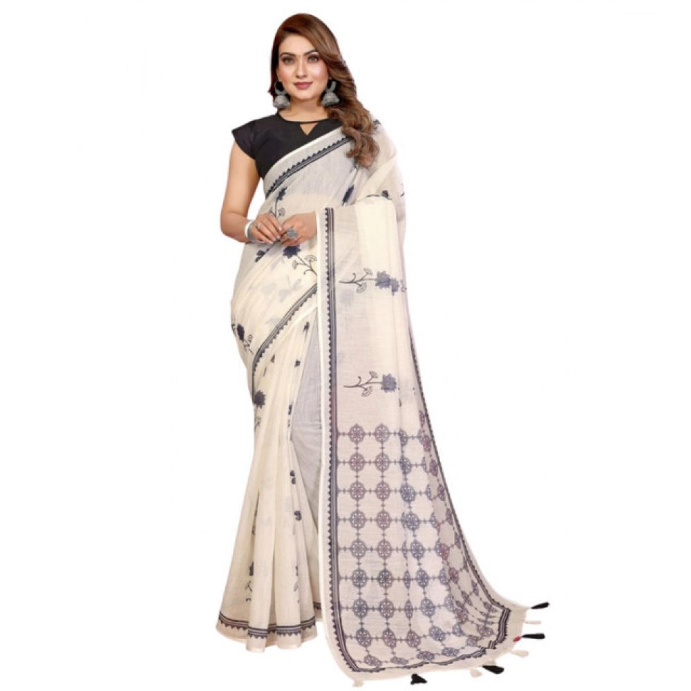 Amfyn Women's Linen Cotton Printed Saree With Unstitched Blouse 5.5Mtr (Off White)