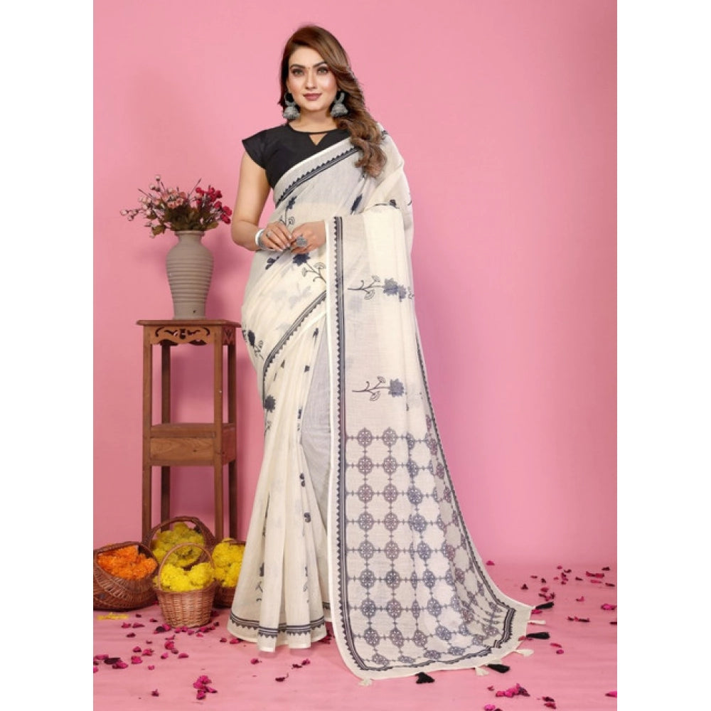 Amfyn Women's Linen Cotton Printed Saree With Unstitched Blouse 5.5Mtr (Off White)