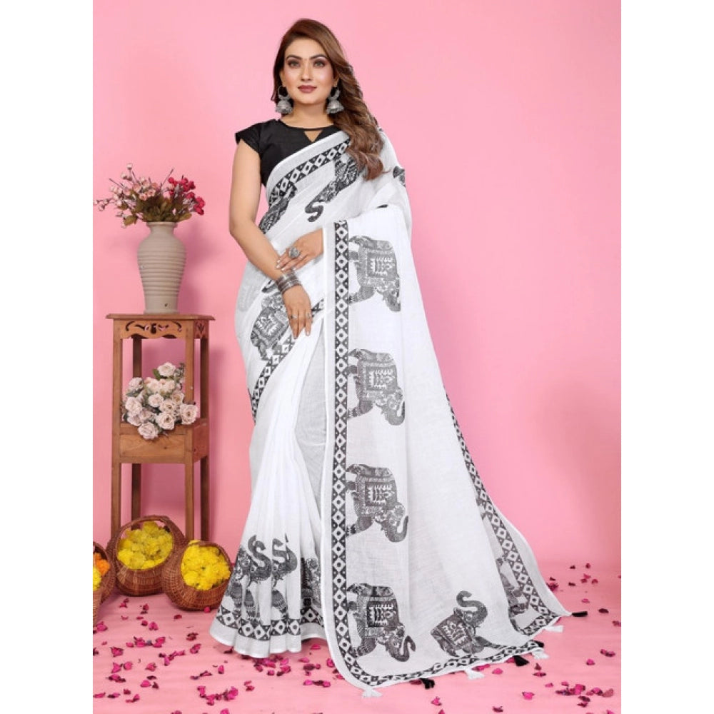 Amfyn Women's Linen Cotton Printed Saree With Unstitched Blouse 5.5Mtr (White)