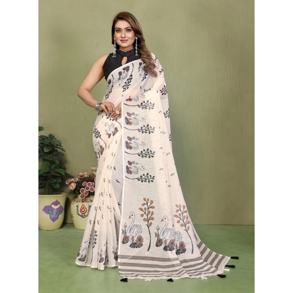 Amfyn Women's Linen Cotton Printed Saree With Unstitched Blouse 5.5Mtr (Off White)