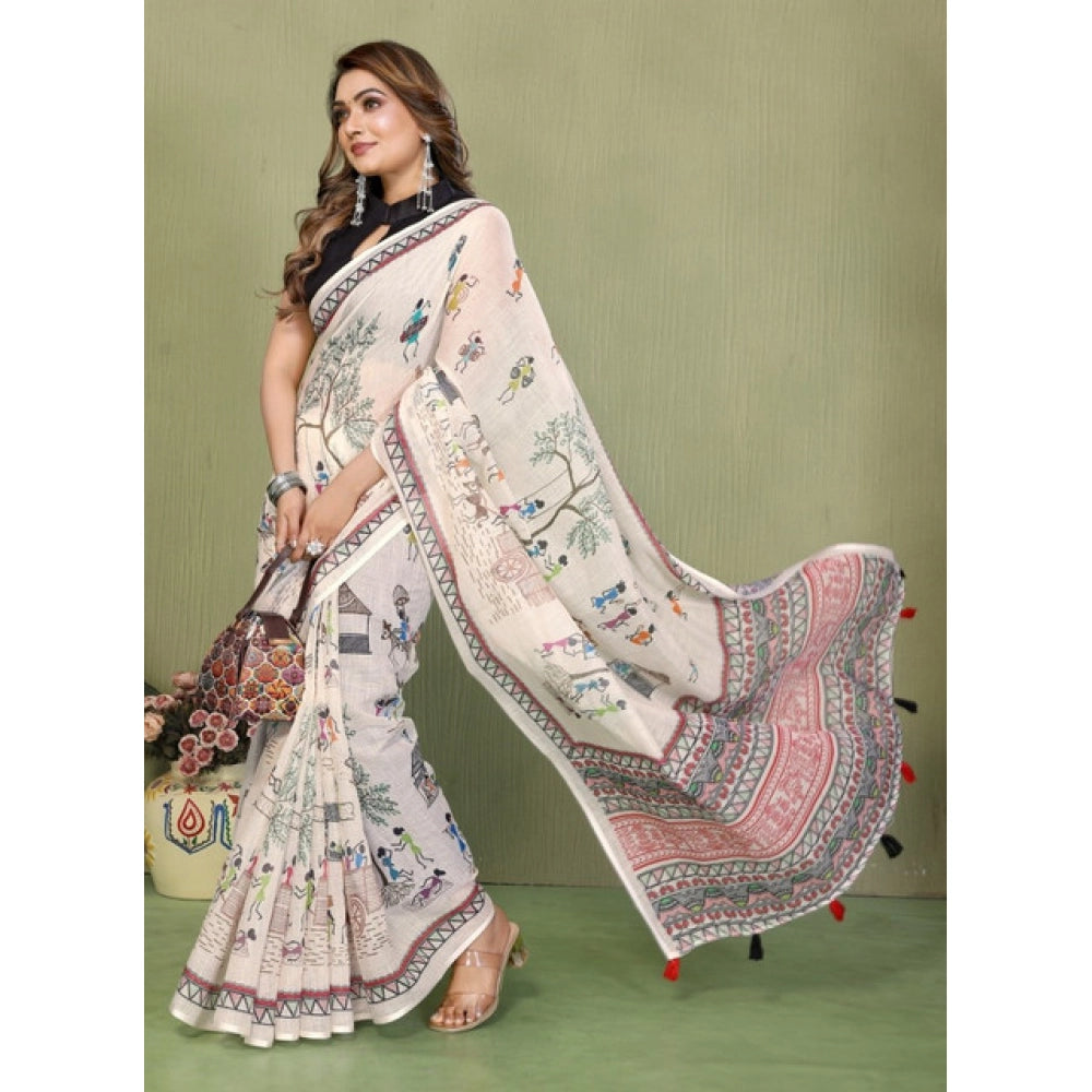 Amfyn Women's Linen Cotton Printed Saree With Unstitched Blouse 5.5Mtr (Off White)