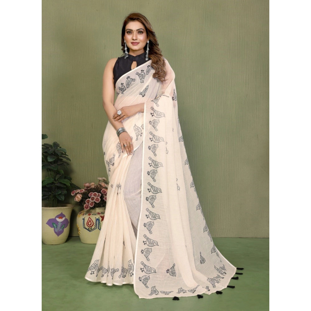 Amfyn Women's Linen Cotton Printed Saree With Unstitched Blouse 5.5Mtr (Off White)