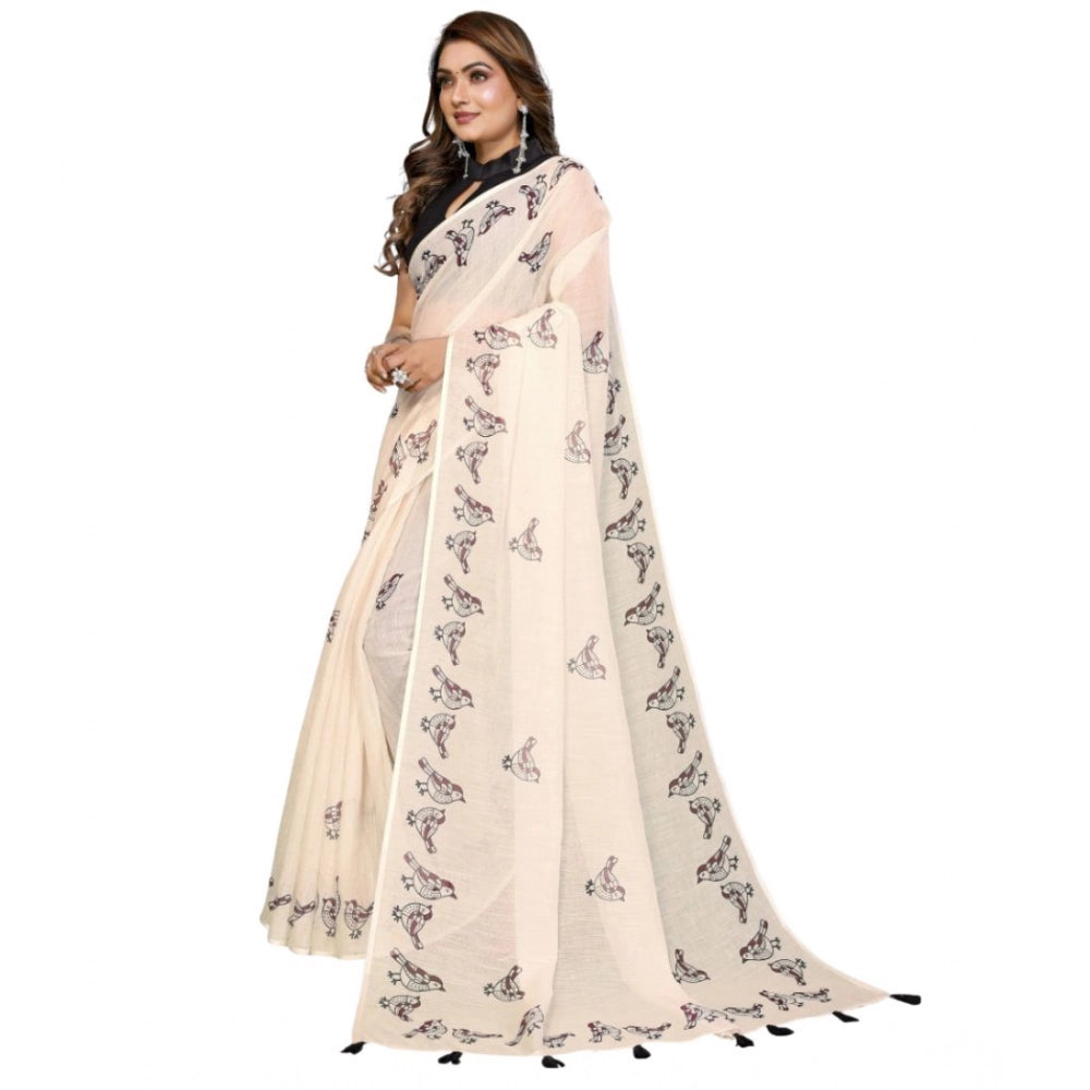 Amfyn Women's Linen Cotton Printed Saree With Unstitched Blouse 5.5Mtr (Off White)