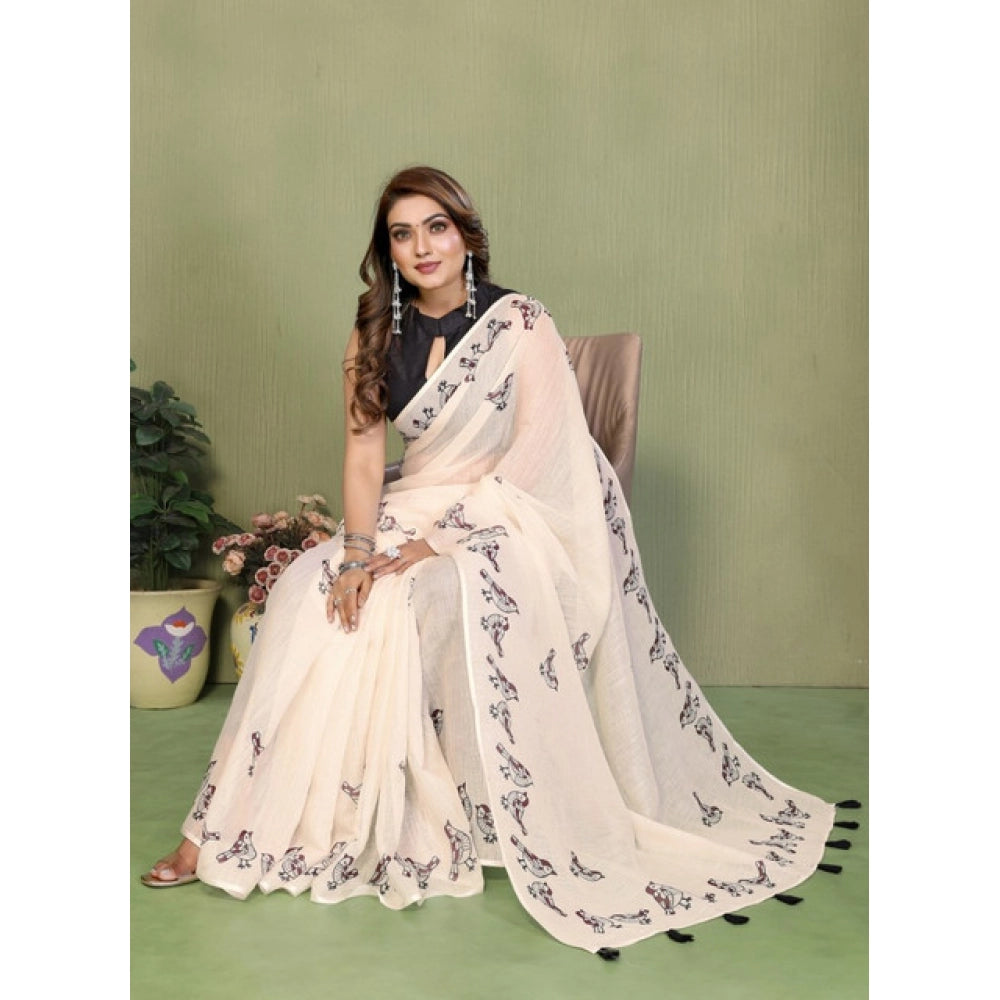 Amfyn Women's Linen Cotton Printed Saree With Unstitched Blouse 5.5Mtr (Off White)