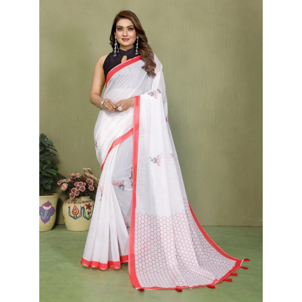 Amfyn Women's Linen Cotton Printed Saree With Unstitched Blouse 5.5Mtr (White)