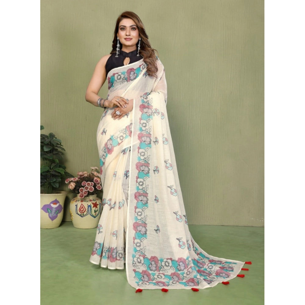 Amfyn Women's Linen Cotton Printed Saree With Unstitched Blouse 5.5Mtr (Off White)