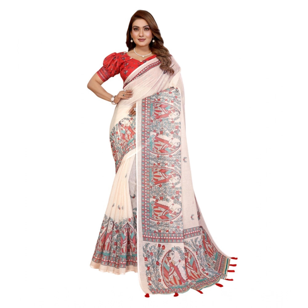 Amfyn Women's Linen Cotton Printed Saree With Unstitched Blouse 5.5Mtr (Off White)
