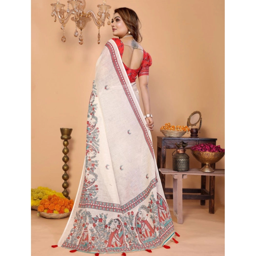 Amfyn Women's Linen Cotton Printed Saree With Unstitched Blouse 5.5Mtr (Off White)