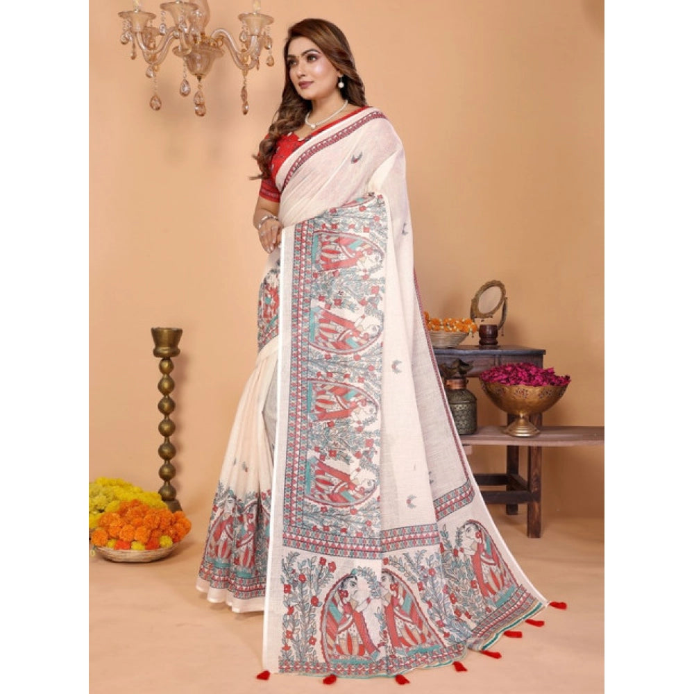 Amfyn Women's Linen Cotton Printed Saree With Unstitched Blouse 5.5Mtr (Off White)