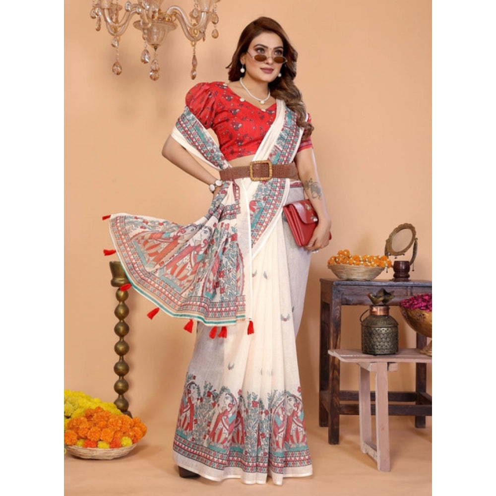 Amfyn Women's Linen Cotton Printed Saree With Unstitched Blouse 5.5Mtr (Off White)