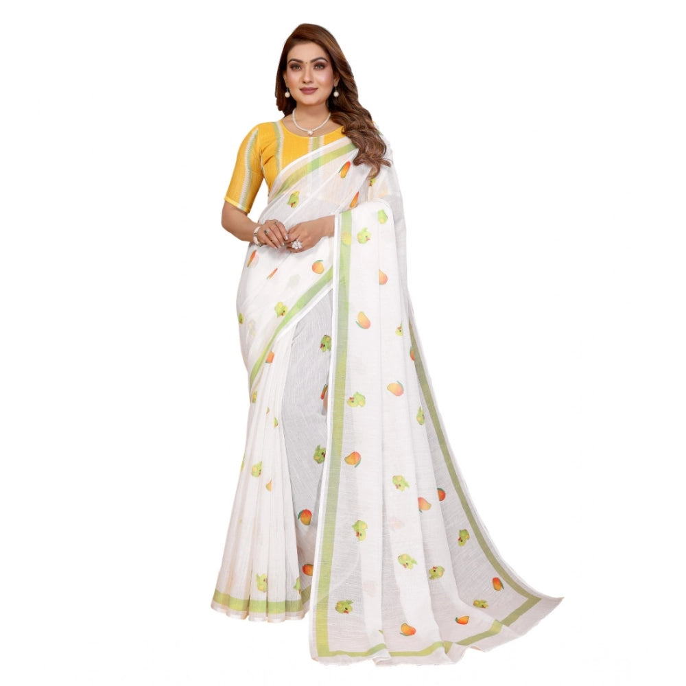 Amfyn Women's Linen Cotton Printed Saree With Unstitched Blouse 5.5Mtr (White)