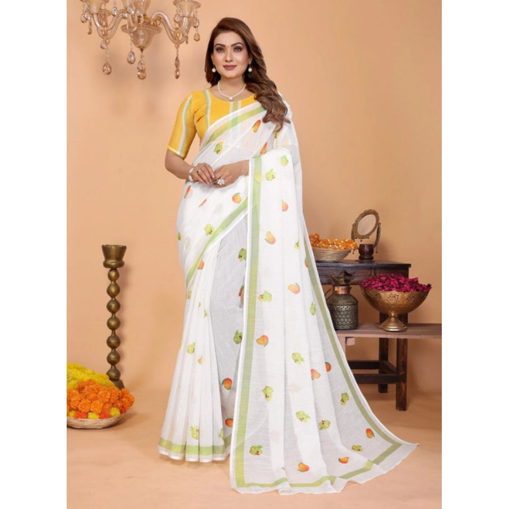 Amfyn Women's Linen Cotton Printed Saree With Unstitched Blouse 5.5Mtr (White)