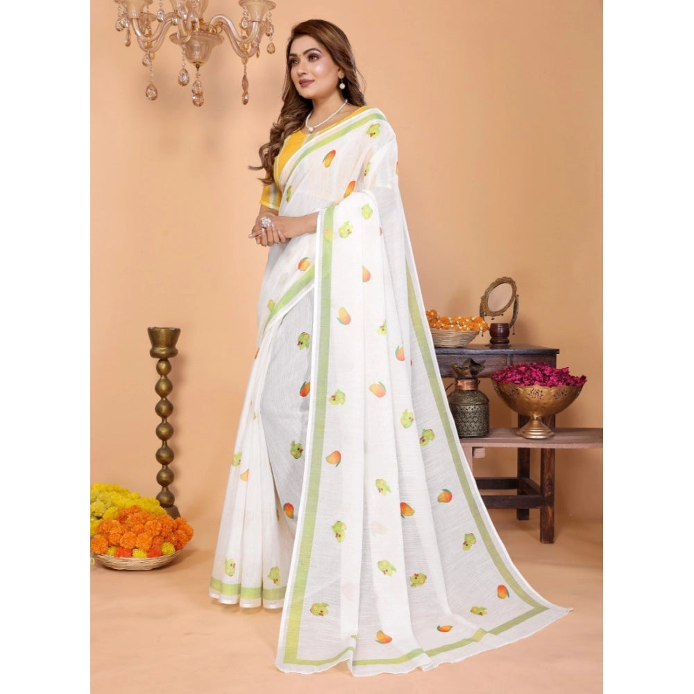 Amfyn Women's Linen Cotton Printed Saree With Unstitched Blouse 5.5Mtr (White)