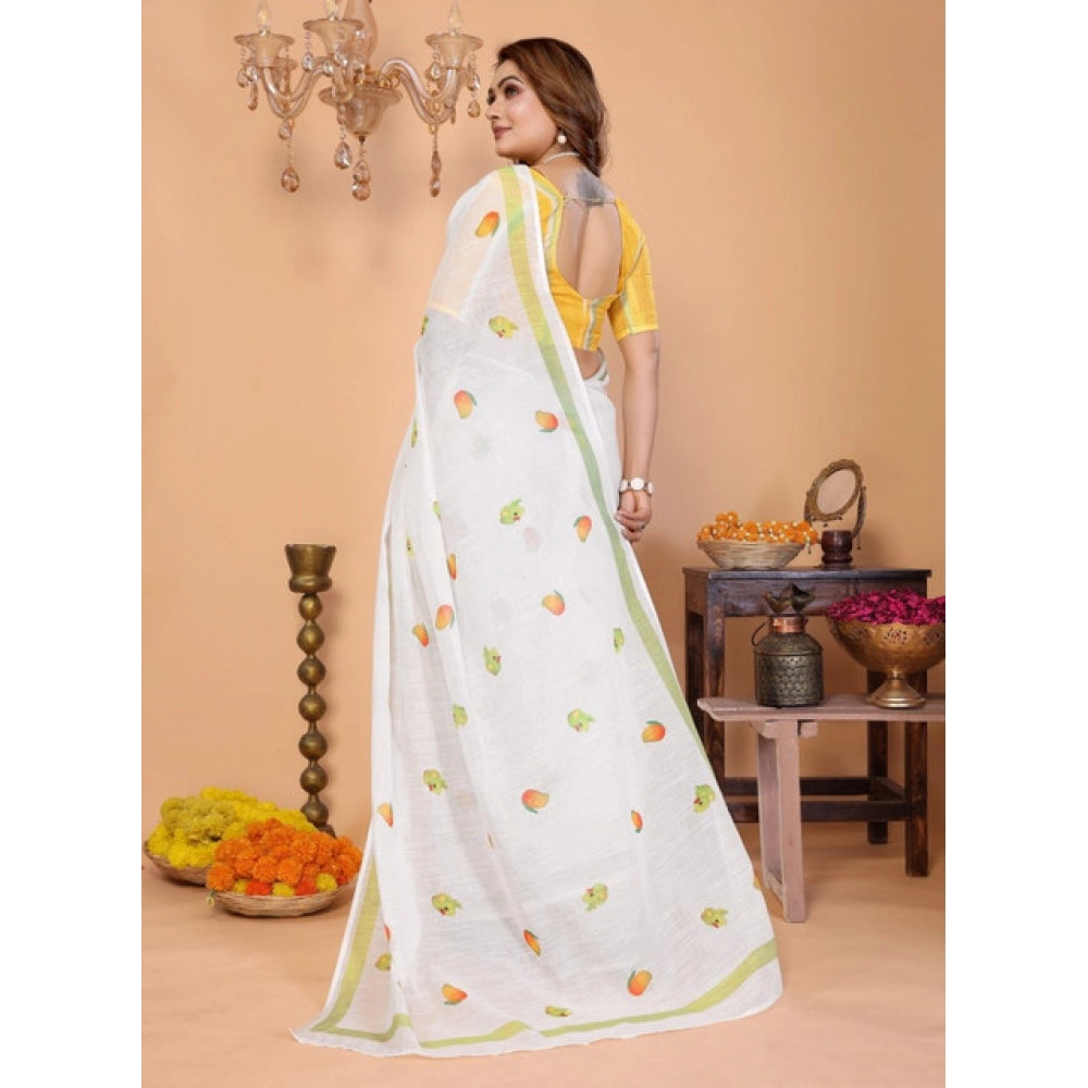 Amfyn Women's Linen Cotton Printed Saree With Unstitched Blouse 5.5Mtr (White)