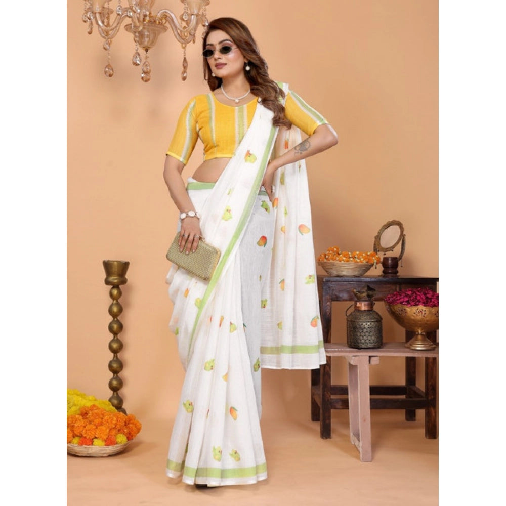 Amfyn Women's Linen Cotton Printed Saree With Unstitched Blouse 5.5Mtr (White)