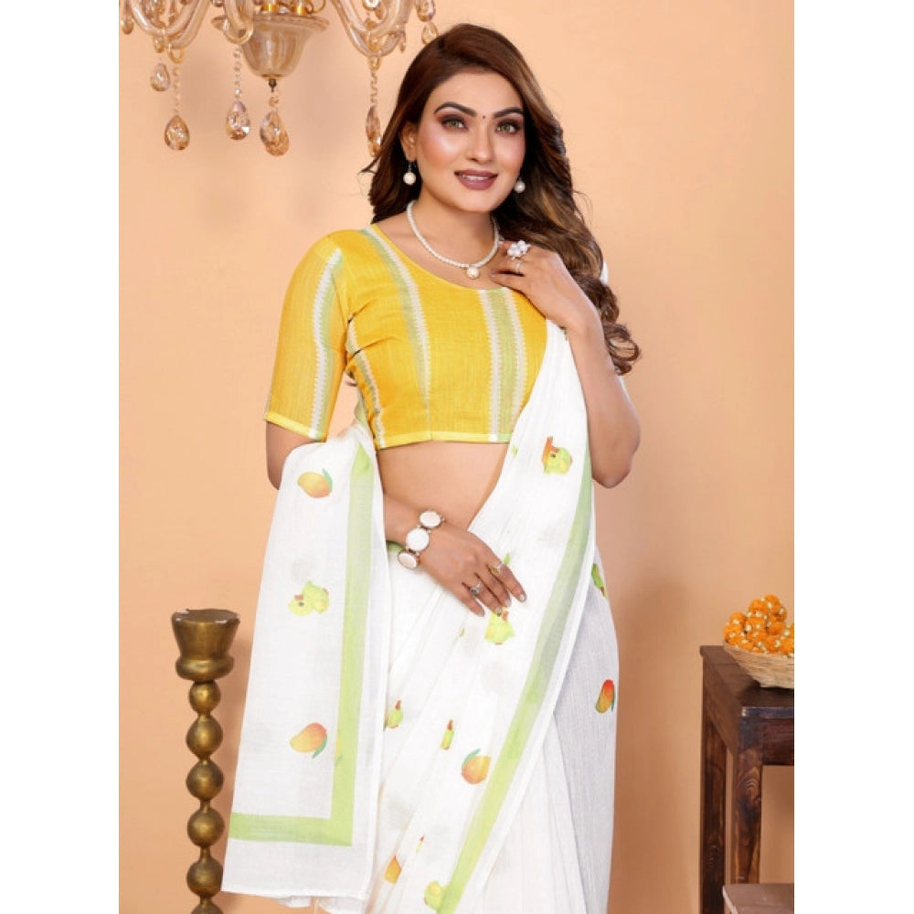 Amfyn Women's Linen Cotton Printed Saree With Unstitched Blouse 5.5Mtr (White)
