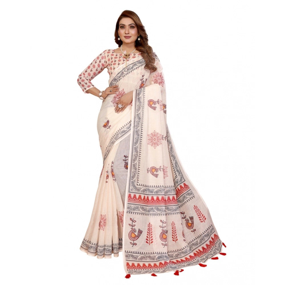 Amfyn Women's Linen Cotton Printed Saree With Unstitched Blouse 5.5Mtr (Off White)