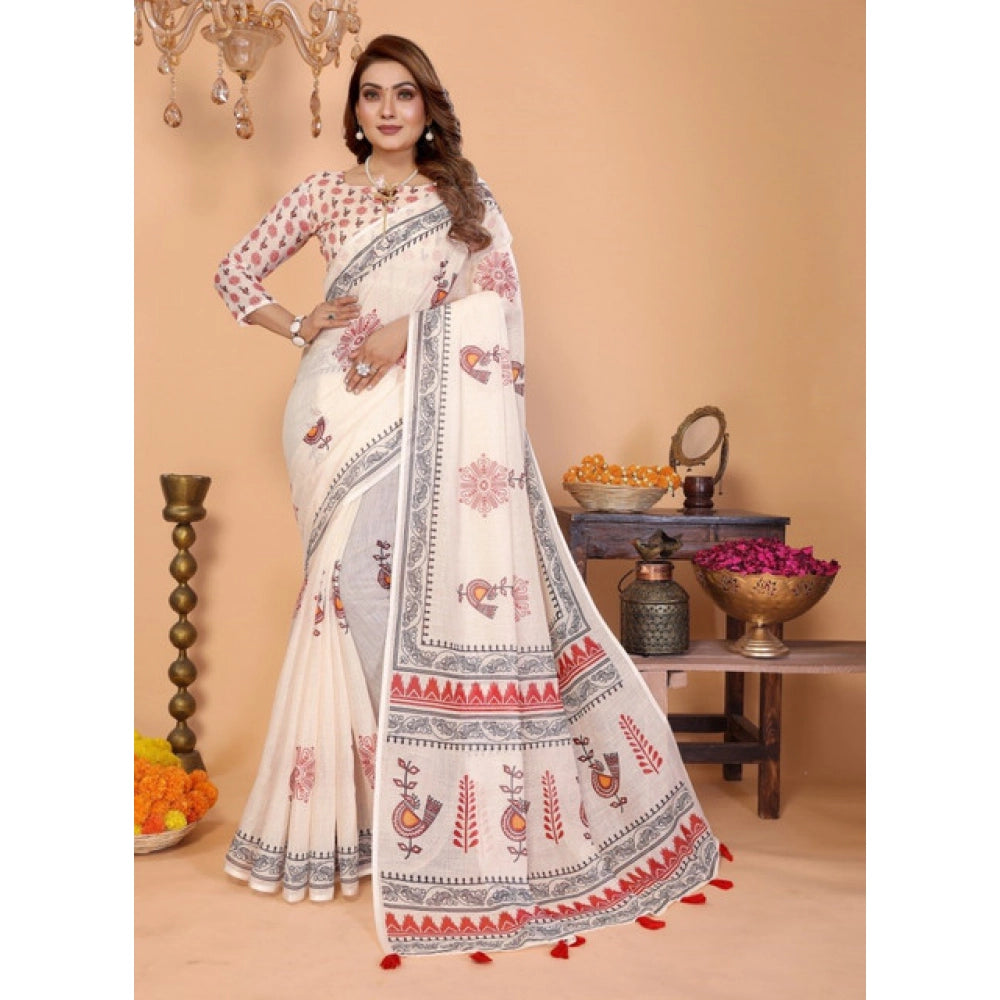 Amfyn Women's Linen Cotton Printed Saree With Unstitched Blouse 5.5Mtr (Off White)