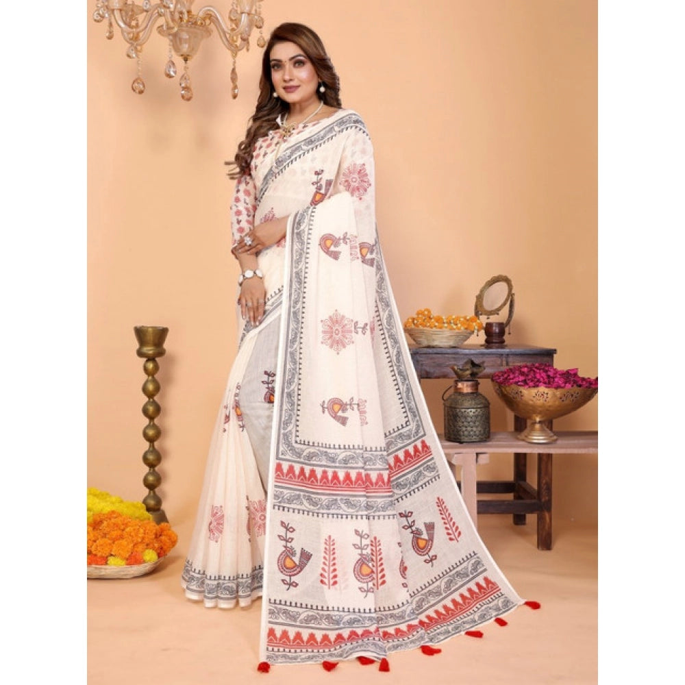 Amfyn Women's Linen Cotton Printed Saree With Unstitched Blouse 5.5Mtr (Off White)