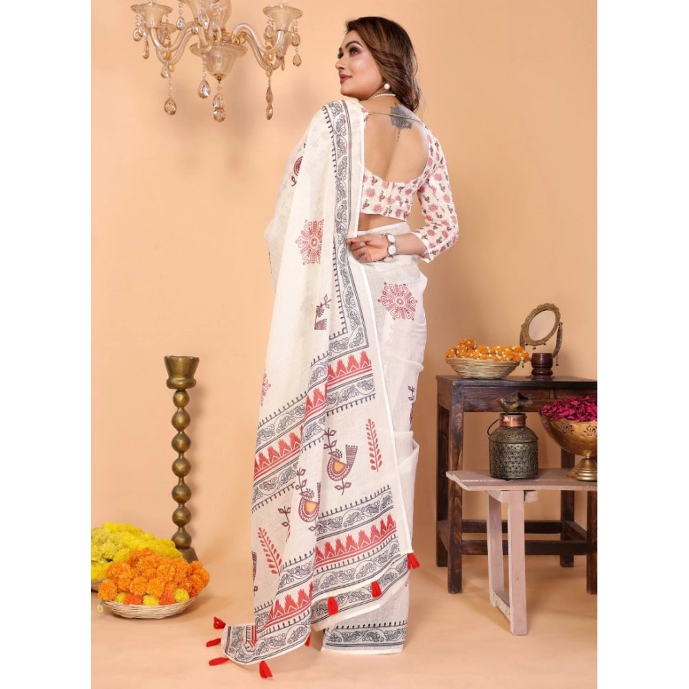 Amfyn Women's Linen Cotton Printed Saree With Unstitched Blouse 5.5Mtr (Off White)