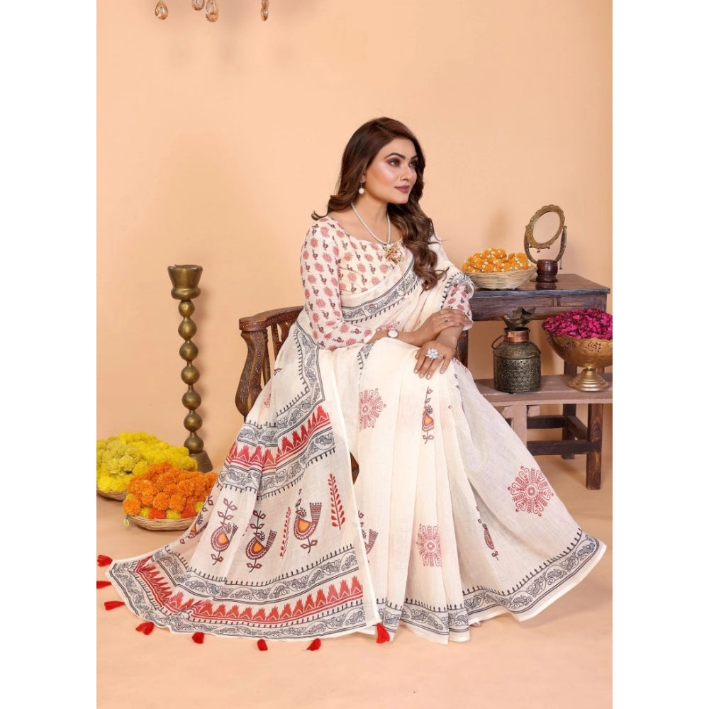 Amfyn Women's Linen Cotton Printed Saree With Unstitched Blouse 5.5Mtr (Off White)