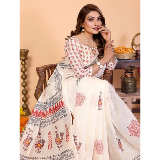 Amfyn Women's Linen Cotton Printed Saree With Unstitched Blouse 5.5Mtr (Off White)