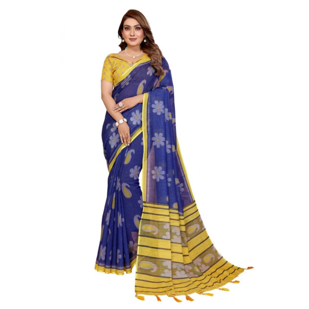 Amfyn Women's Linen Cotton Printed Saree With Unstitched Blouse 5.5Mtr (Blue)