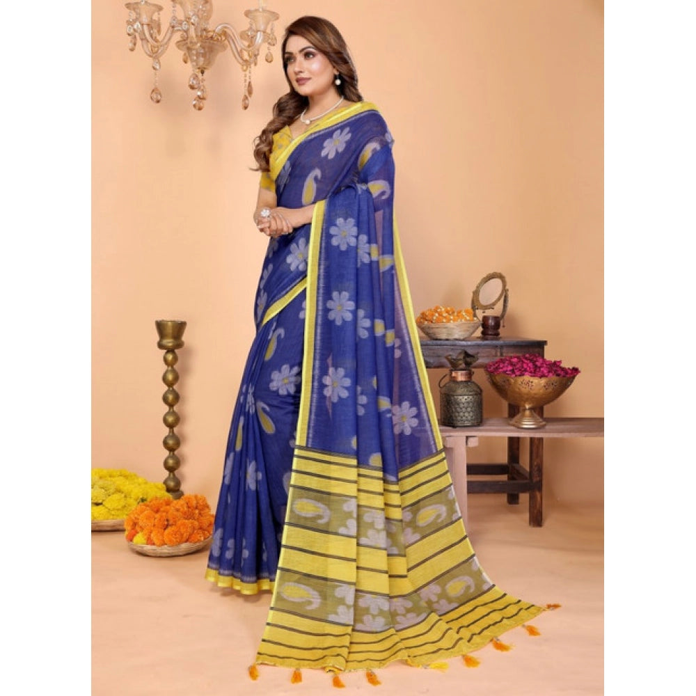 Amfyn Women's Linen Cotton Printed Saree With Unstitched Blouse 5.5Mtr (Blue)