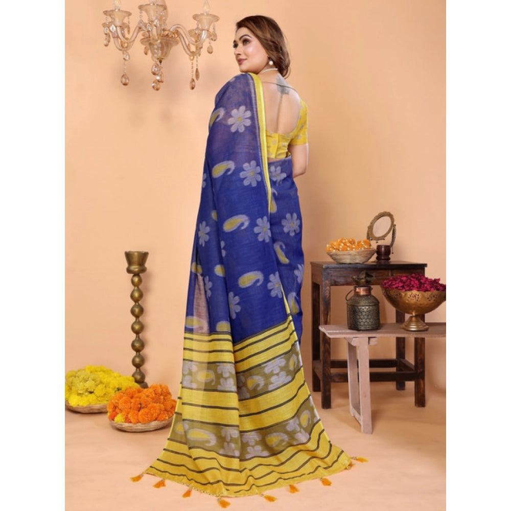Amfyn Women's Linen Cotton Printed Saree With Unstitched Blouse 5.5Mtr (Blue)