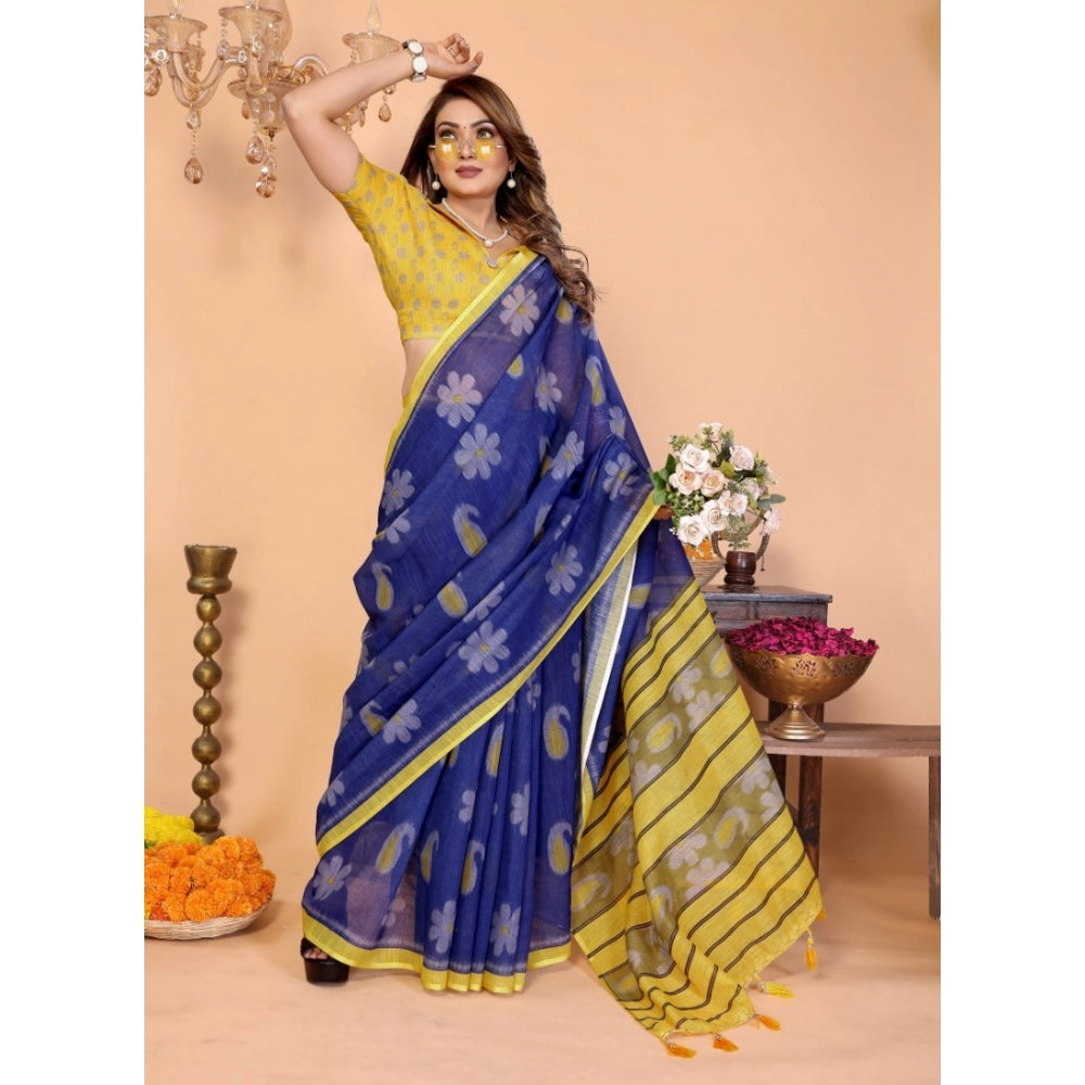 Amfyn Women's Linen Cotton Printed Saree With Unstitched Blouse 5.5Mtr (Blue)