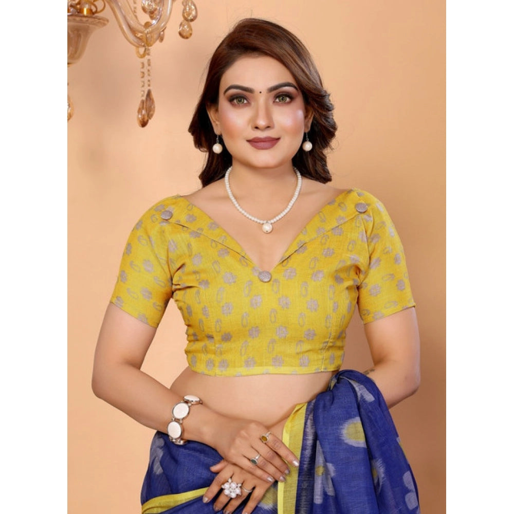 Amfyn Women's Linen Cotton Printed Saree With Unstitched Blouse 5.5Mtr (Blue)