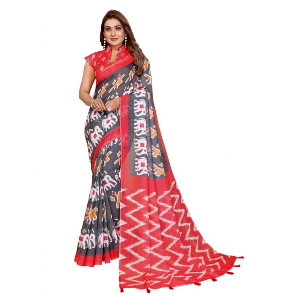 Amfyn Women's Linen Cotton Printed Saree With Unstitched Blouse 5.5Mtr (Grey)