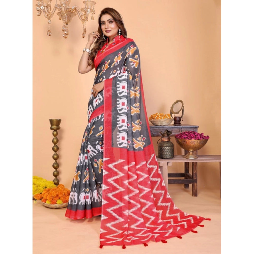 Amfyn Women's Linen Cotton Printed Saree With Unstitched Blouse 5.5Mtr (Grey)