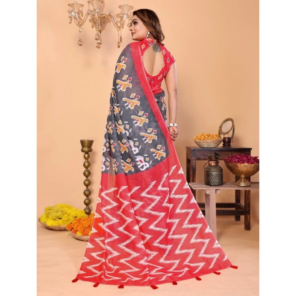 Amfyn Women's Linen Cotton Printed Saree With Unstitched Blouse 5.5Mtr (Grey)