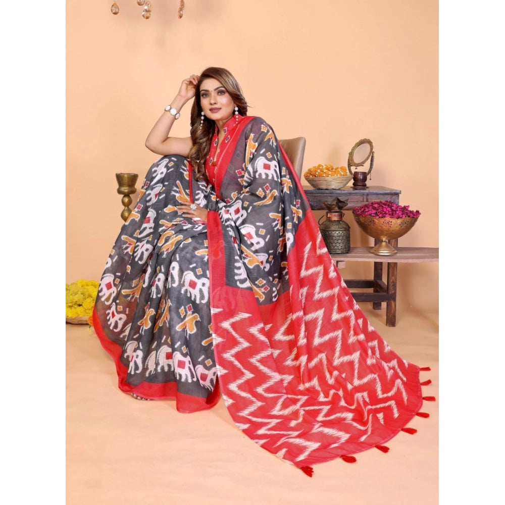 Amfyn Women's Linen Cotton Printed Saree With Unstitched Blouse 5.5Mtr (Grey)
