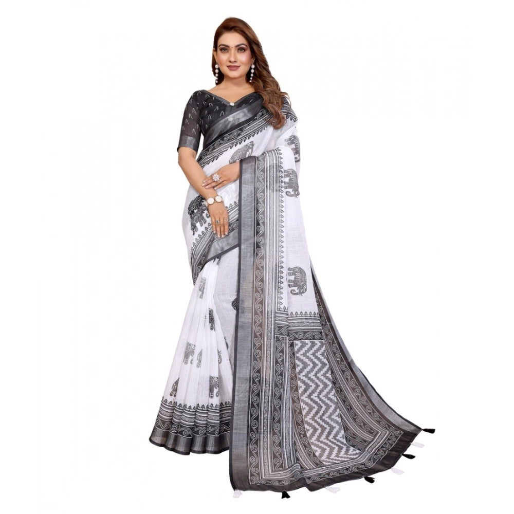 Amfyn Women's Linen Cotton Printed Saree With Unstitched Blouse 5.5Mtr (White-Black)