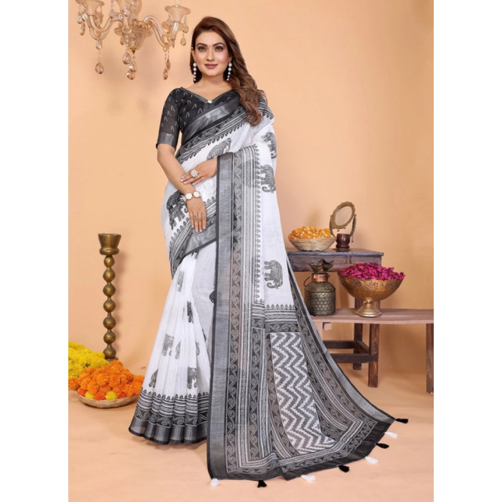 Amfyn Women's Linen Cotton Printed Saree With Unstitched Blouse 5.5Mtr (White-Black)