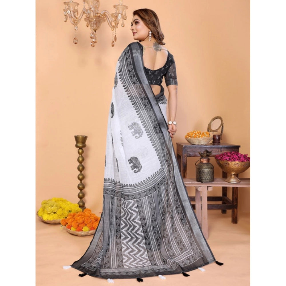 Amfyn Women's Linen Cotton Printed Saree With Unstitched Blouse 5.5Mtr (White-Black)