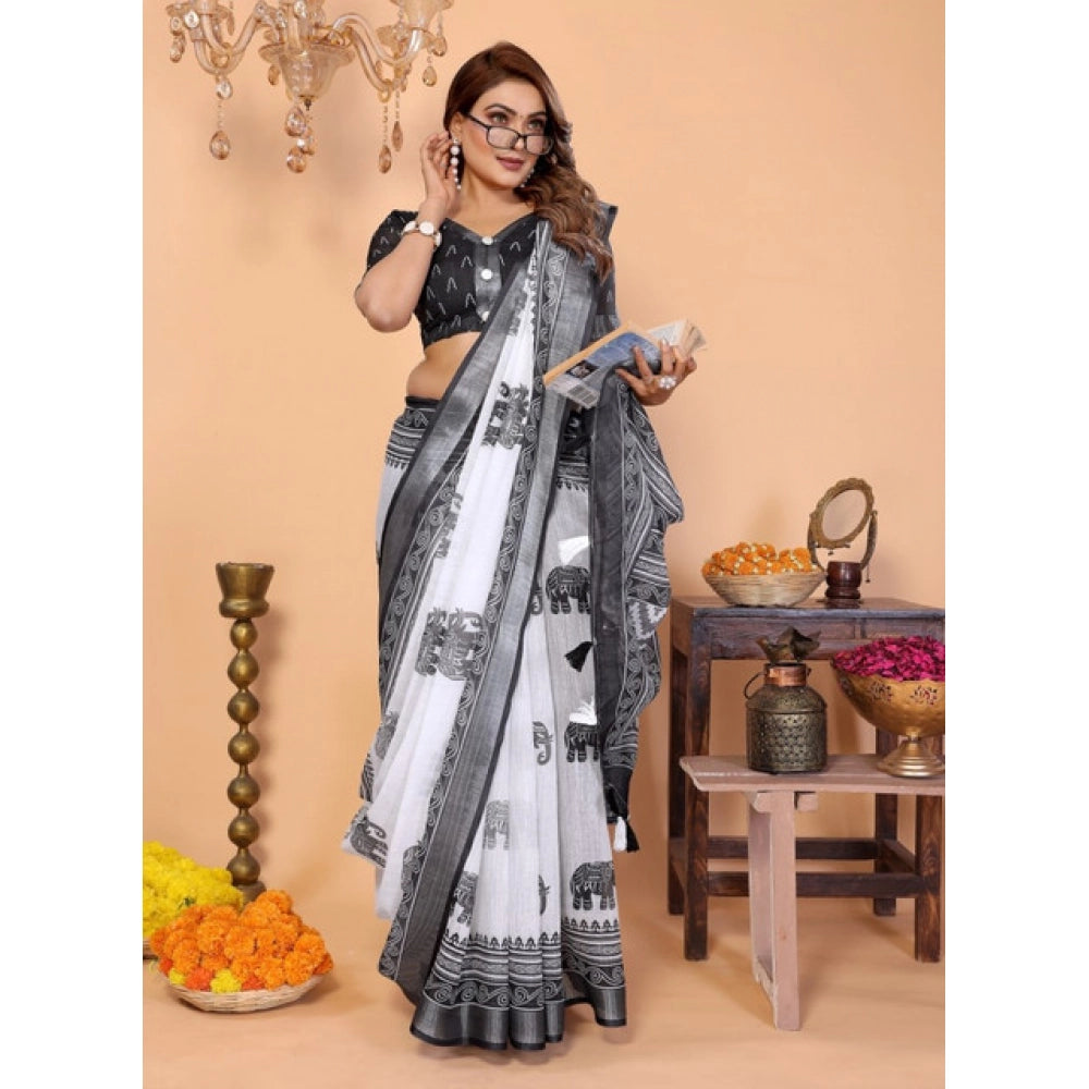 Amfyn Women's Linen Cotton Printed Saree With Unstitched Blouse 5.5Mtr (White-Black)