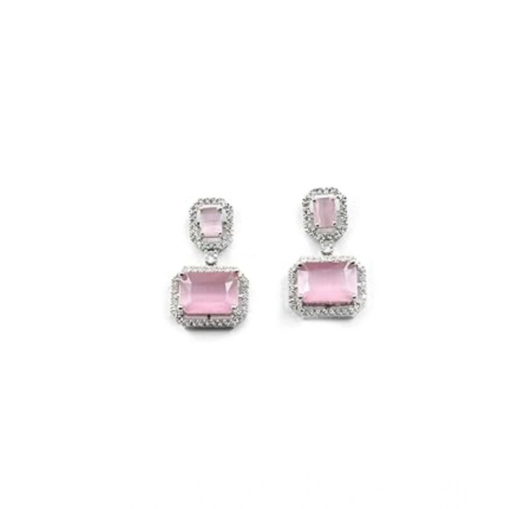 Amfyn Women's Brass Silver Plated Drop Earrings (Pink)