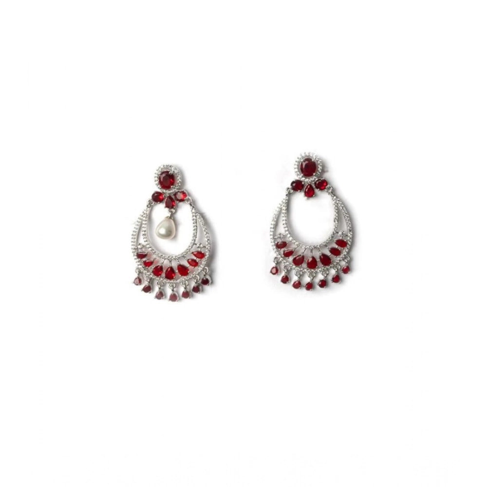 Amfyn Women's Brass Silver Plated Chandbali Earrings (Red)