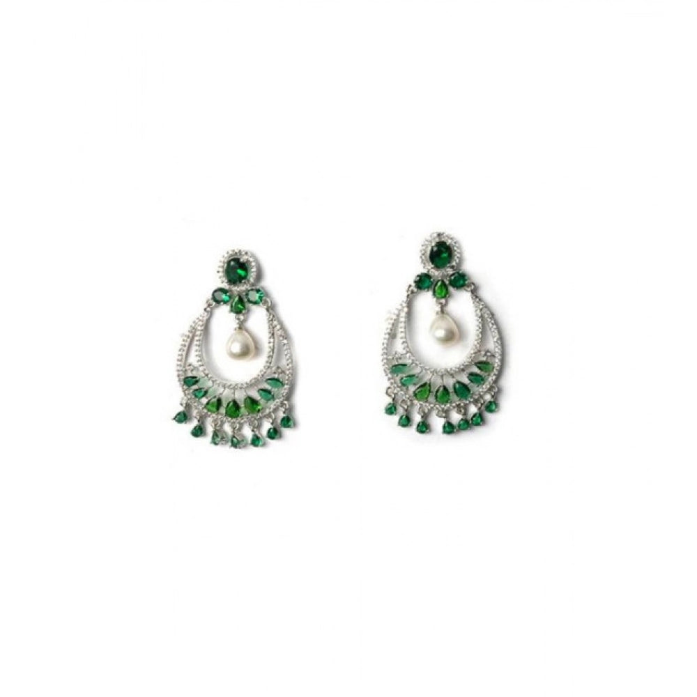 Amfyn Women's Brass Silver Plated Chandbali Earrings (Green)