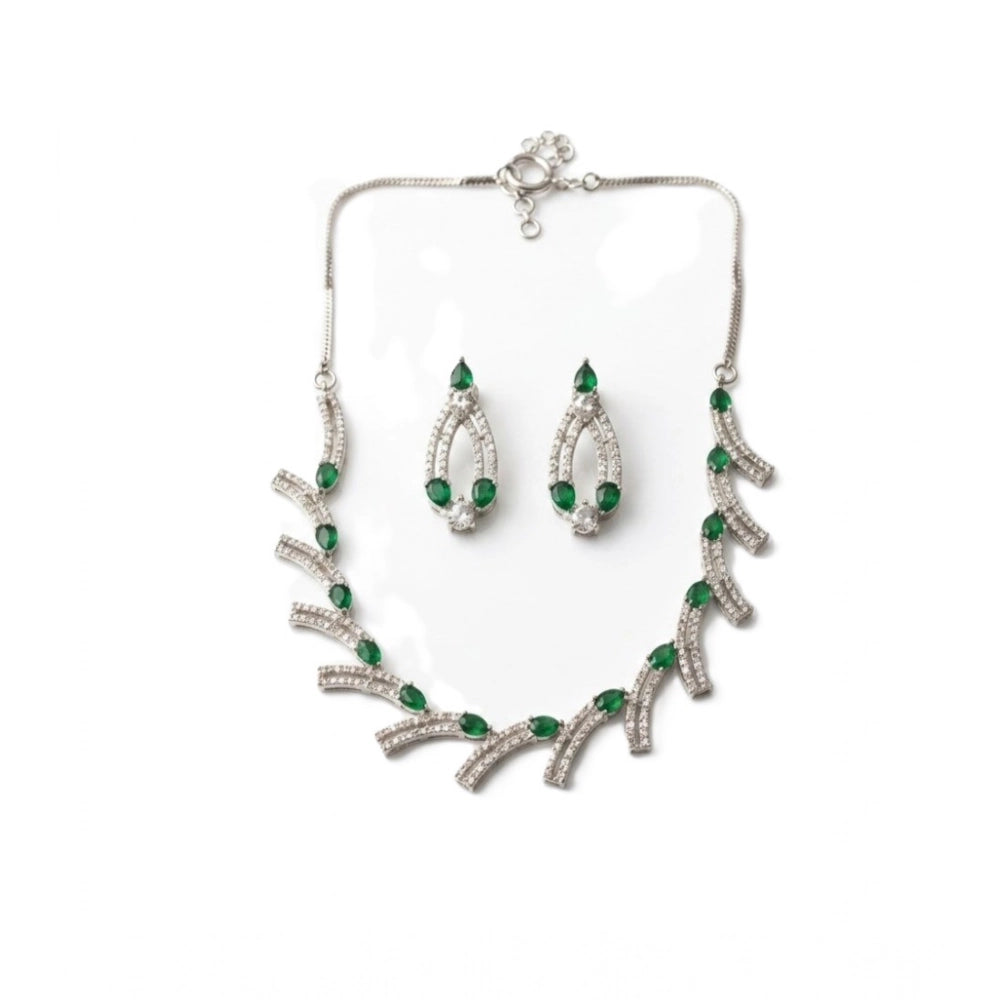Amfyn Women's Brass Silver Plated Necklace set (Green)