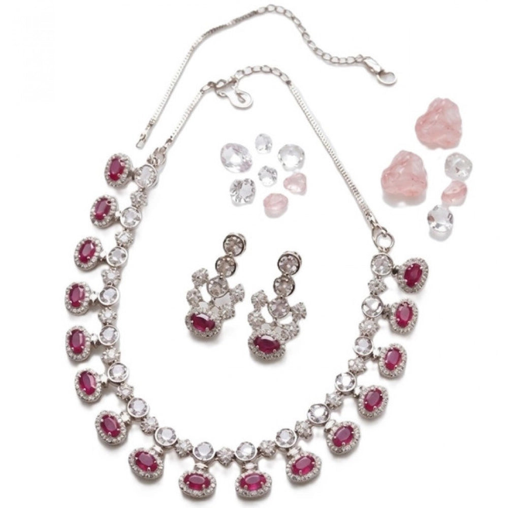 Amfyn Women's Brass Silver Plated Necklace set (Pink)