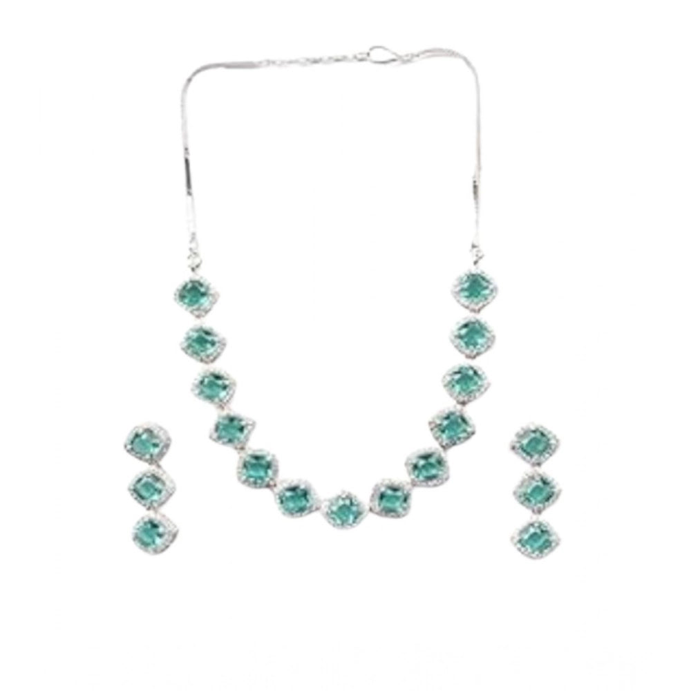 Amfyn Women's Brass Silver Plated Necklace set (Green)