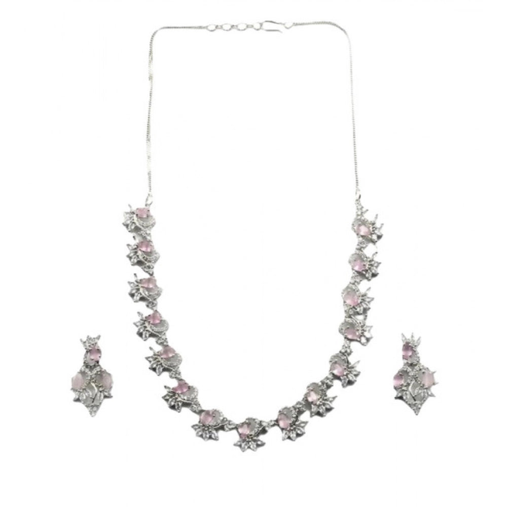 Amfyn Women's Brass Silver Plated Necklace set (Pink)