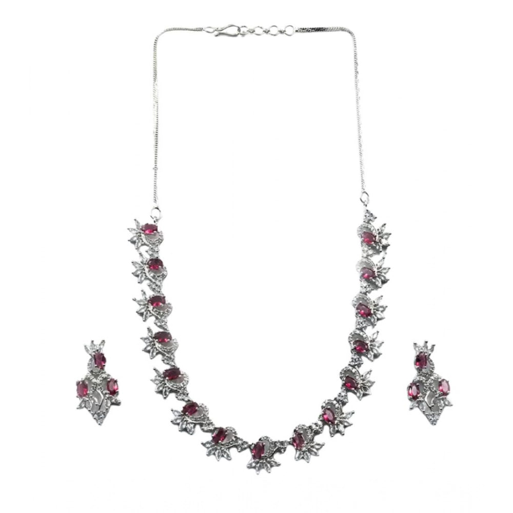 Amfyn Women's Brass Silver Plated Necklace set (Red)