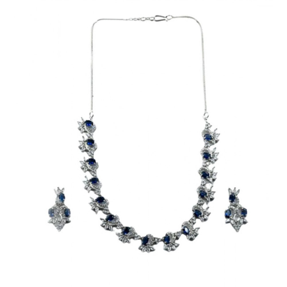 Amfyn Women's Brass Silver Plated Necklace set (Blue)