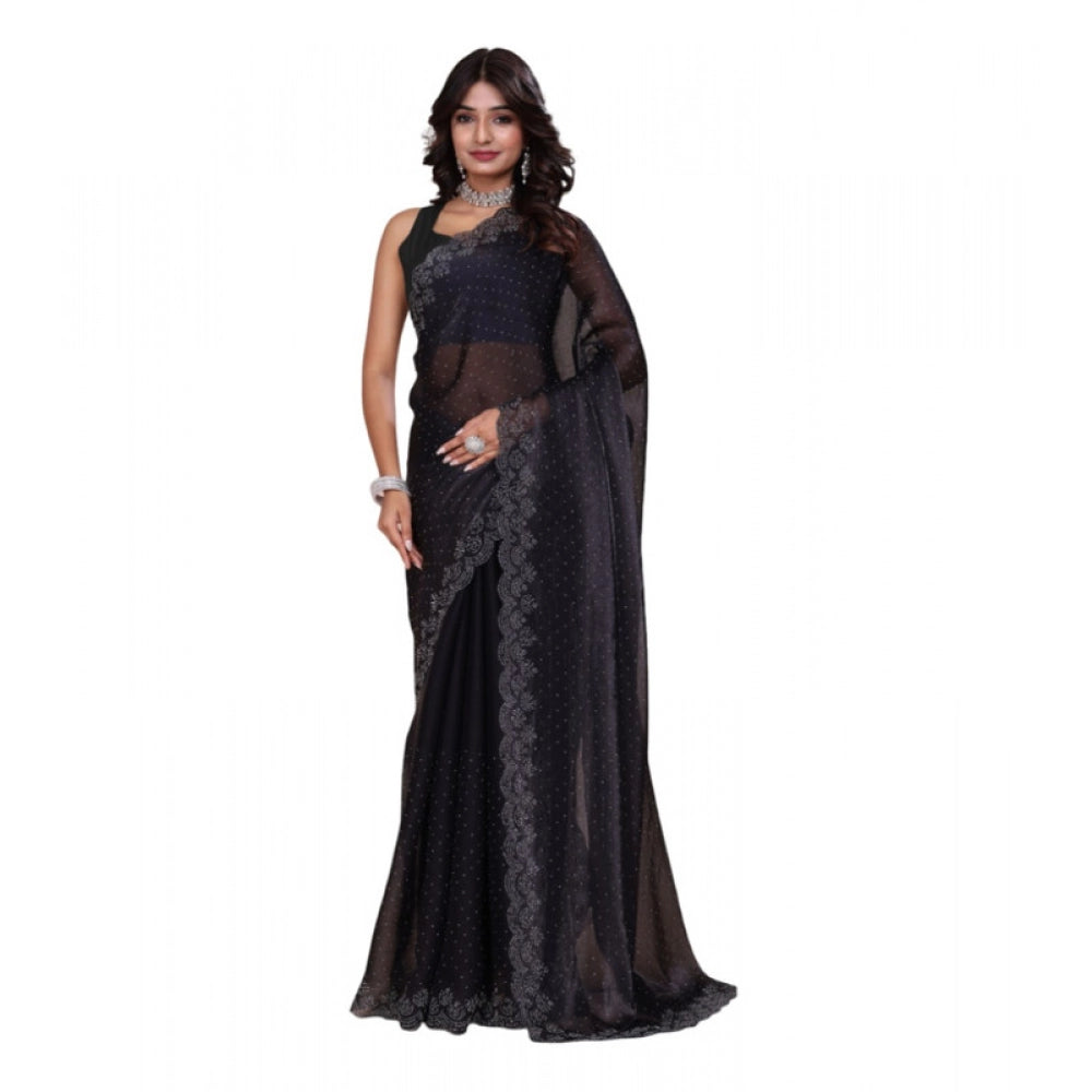 Amfyn Women's Jimmy choo Embellished Bollywood Saree With Unstitched Blouse 5.5Mtr (Black)